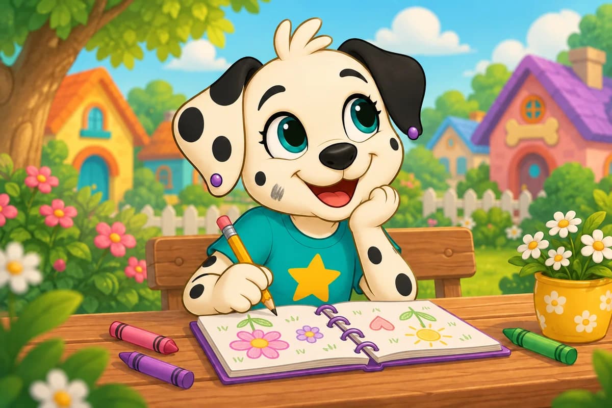Lilly smiling over her purple sketchbook at a sunny garden table
